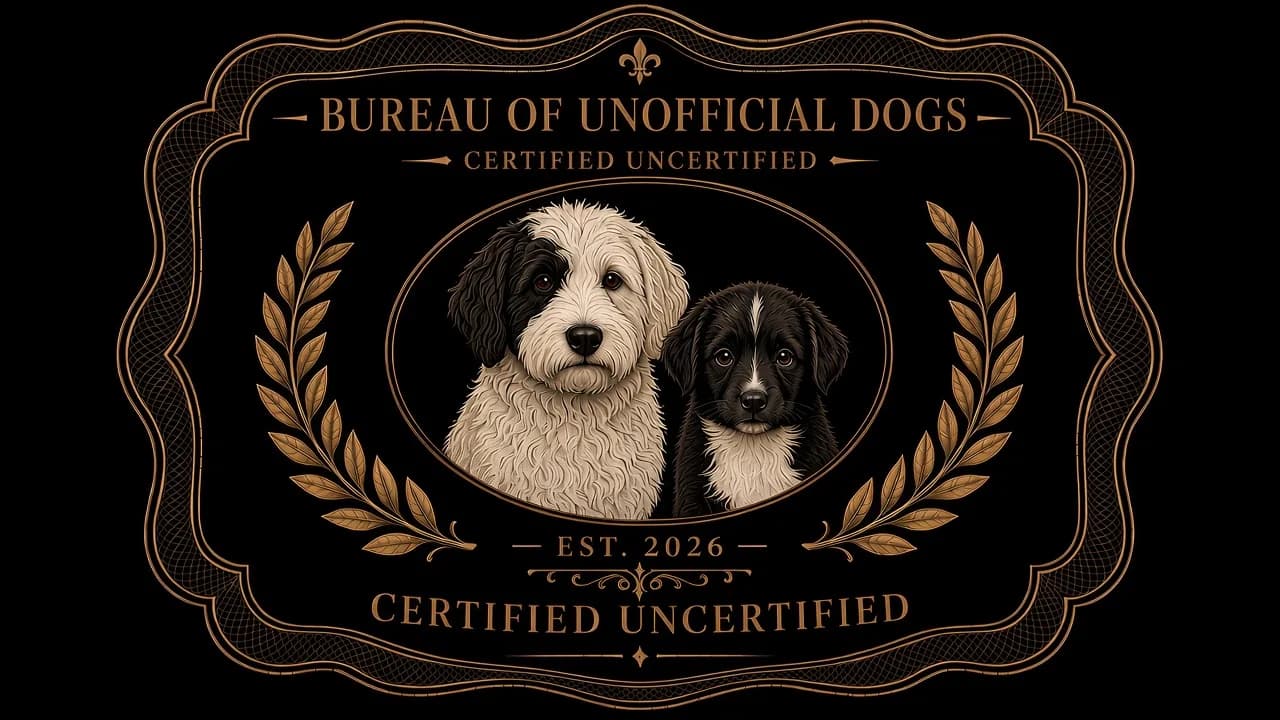 Bureau of Unofficial Dogs seal, Piper and Tilly, certified uncertified, established 2026