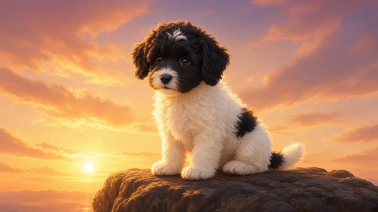 Tilly, a mini sheepadoodle puppy, in a sunset portrait