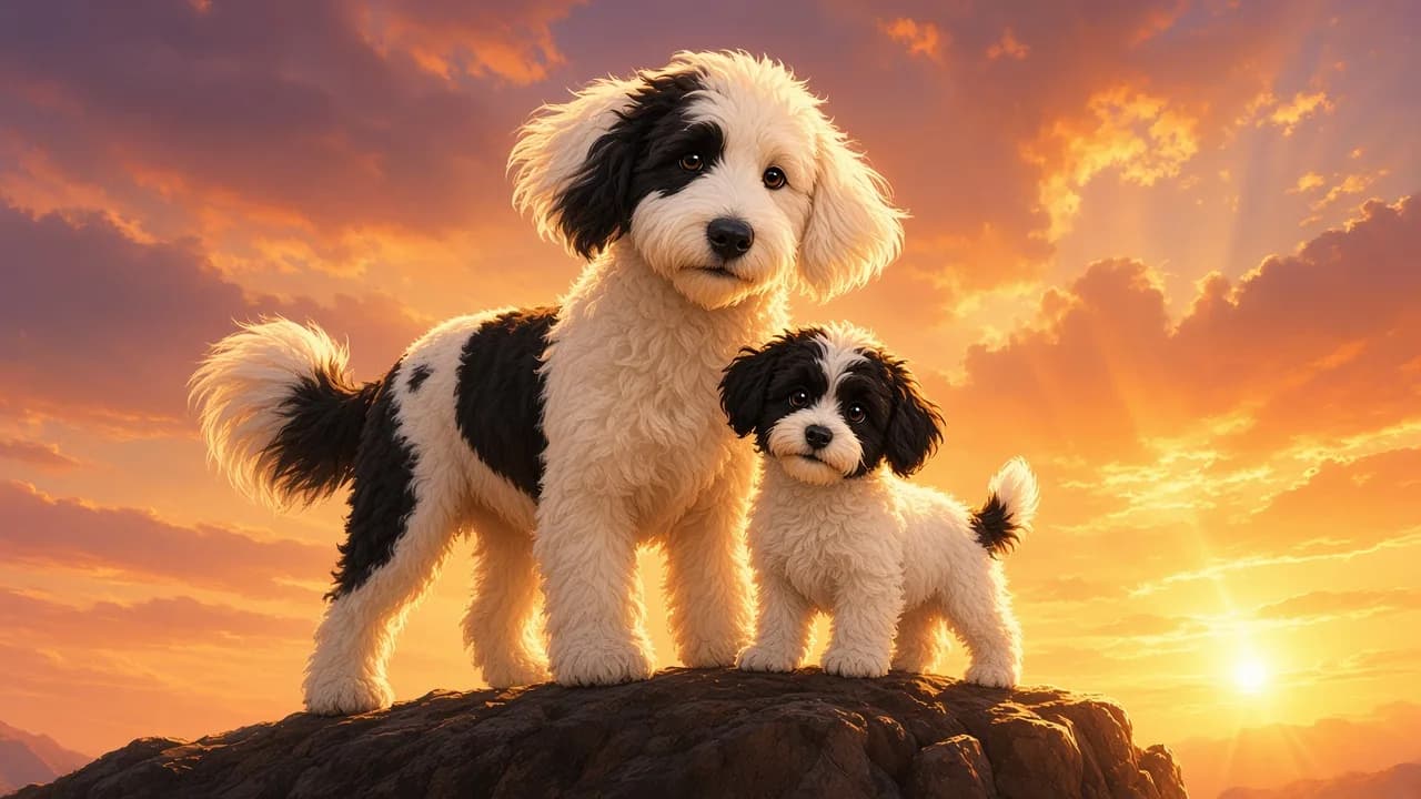 Tilly and Piper, sheepadoodles, in a sunset portrait